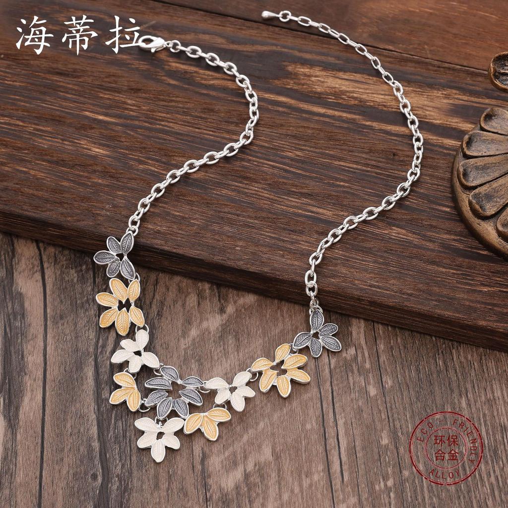 Leaf Splicing Alloy Gold Necklace, Colorful Oil Dripping Fashion Women's Neck Chain Collarbone Chain Jewelry