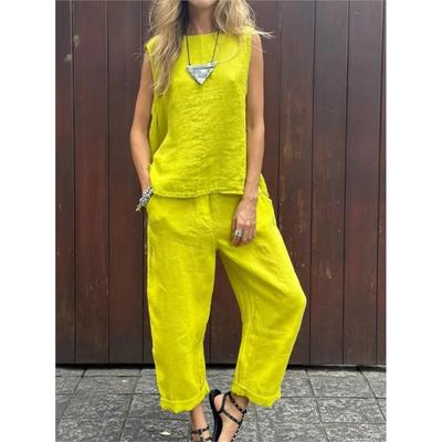 Summer Linen Casual Outfits Female Fashion Solid Color Two Piece Set  Women Sleeveless Trousers Women's Suit