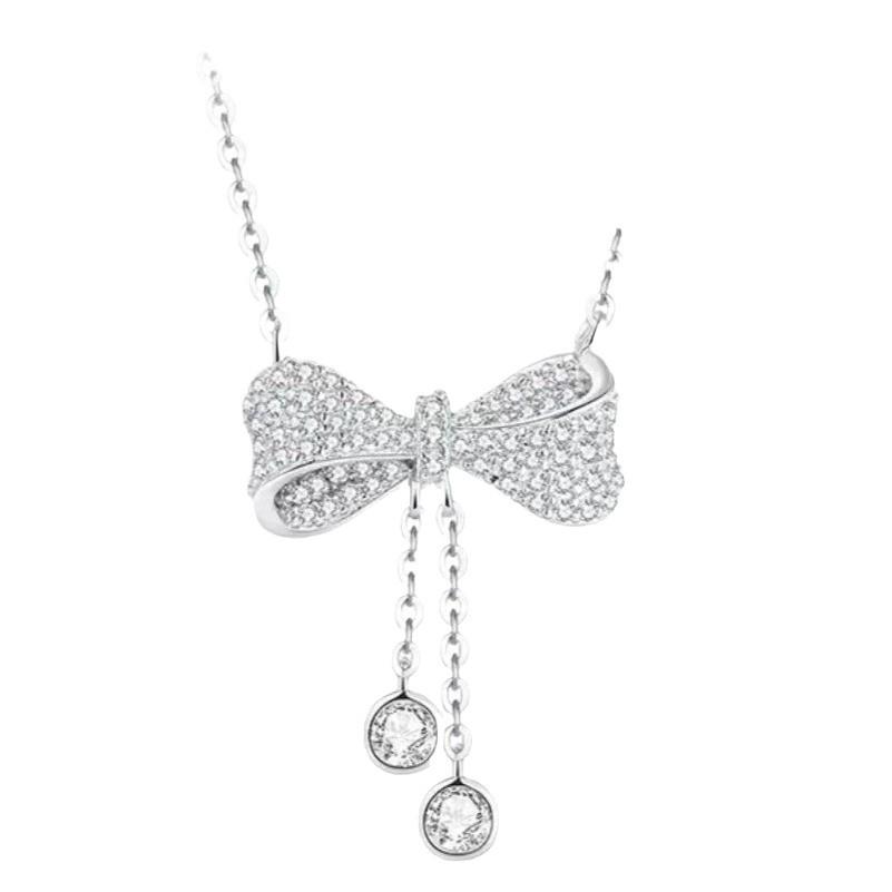 Exquisite S925 Sterling Silver Bow Tassel Pendant Clavicle Necklace for Women