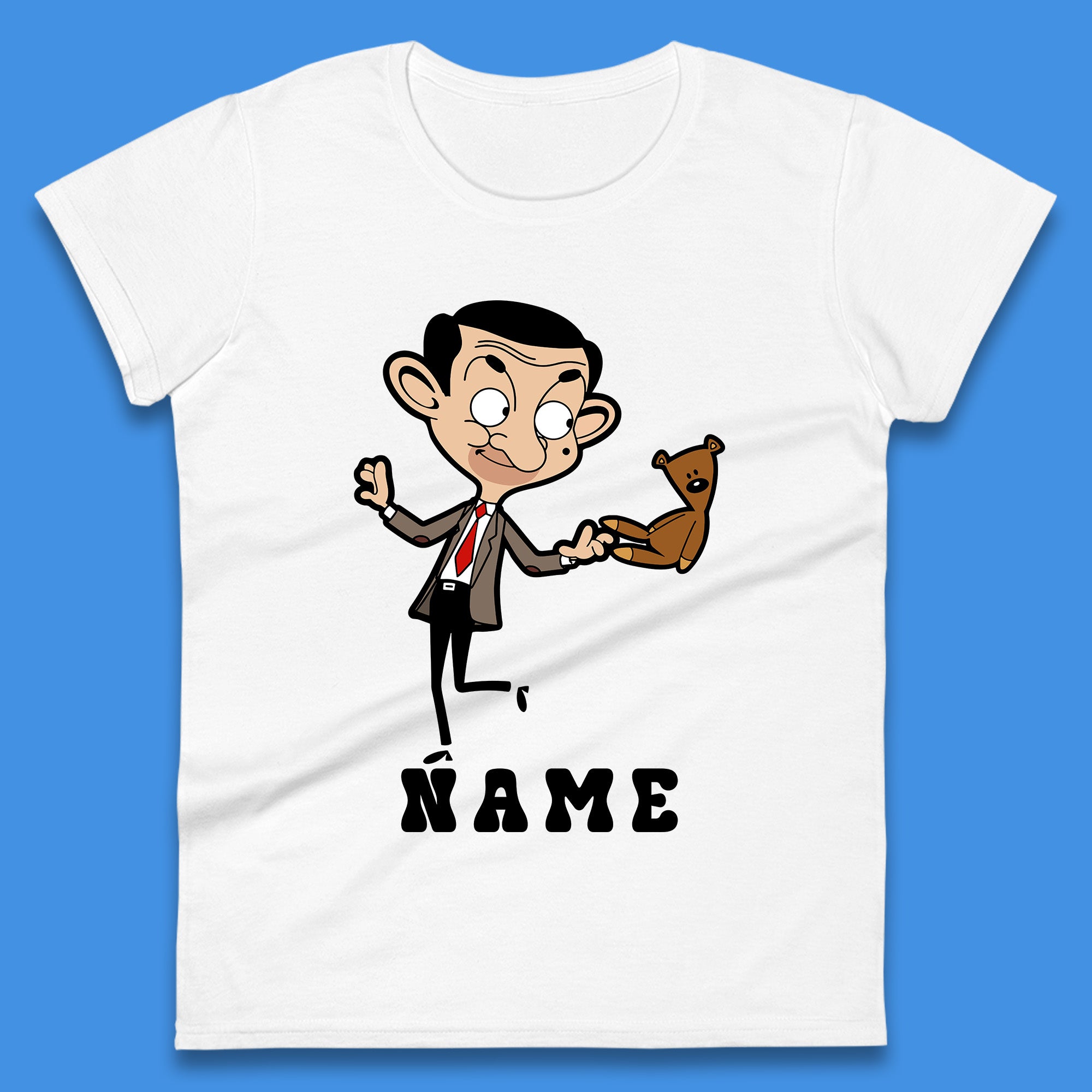 Personalised Mr Bean And Teddy Bear Your Name Comedy Cartoon Animated Series Womens Tee T Shirt Mens Tops Unisex Top XL