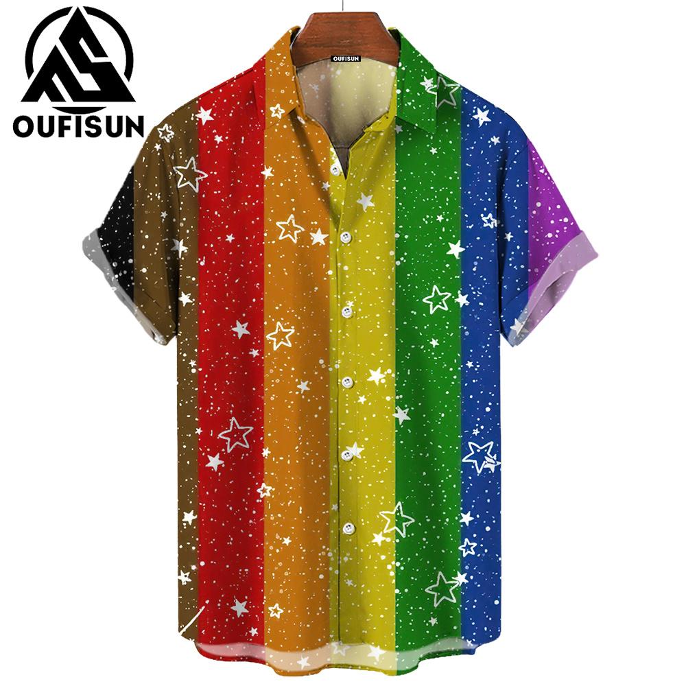 Neue Sommermode Pride Month Party Regenbogendruck Herren Kurzarm Freizeithemd Tops Street Trend Party Übergroßes Hemd S-5XL