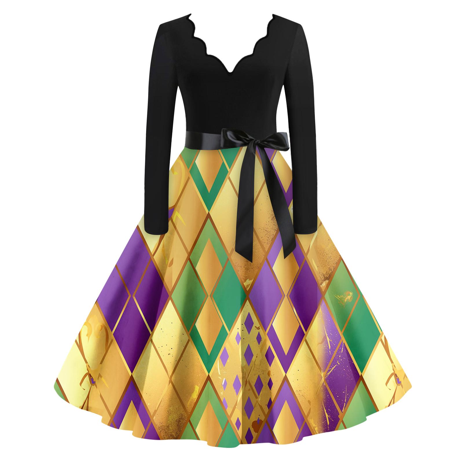 

Женское повседневное модное платье с V-образным вырезом и длинным рукавом с принтом в винтажном стиле XL