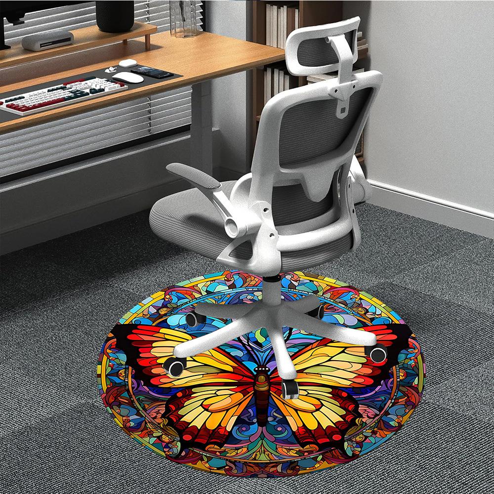 1PCButterfly StainedGlass Office Round Area Rug,  Mat Suitable For Office, Under Office Chairs Bedroom Living Room Home Decor, Room Deco
