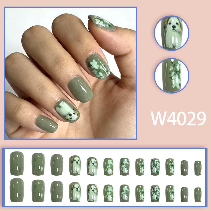 Versatile Floral Puppy Press-On Nails, 24 pcs - Cute Color Block Design