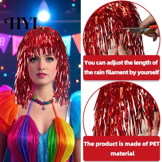 Party Accessory Foil Tinsel Wigs for Adults Fancy Dress Shiny Wig Glow Metallic Masquerade Disco Hat Photo Booth Prop Cosplay Supplies Long-Lasting