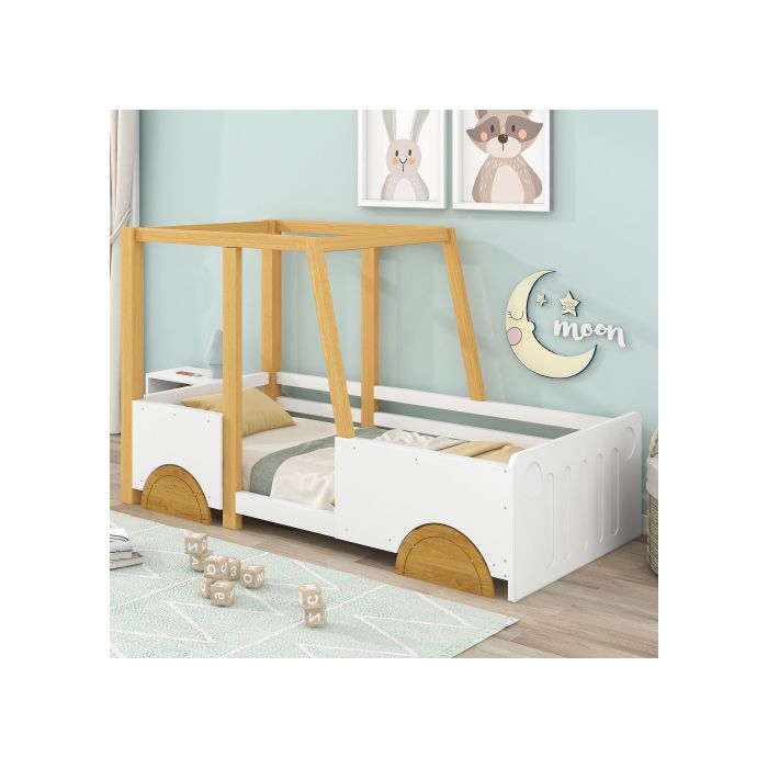 Lit de voiture, lit d'enfant avec roues en MDF, cadre en pin, blanc + naturel (90x200cm)