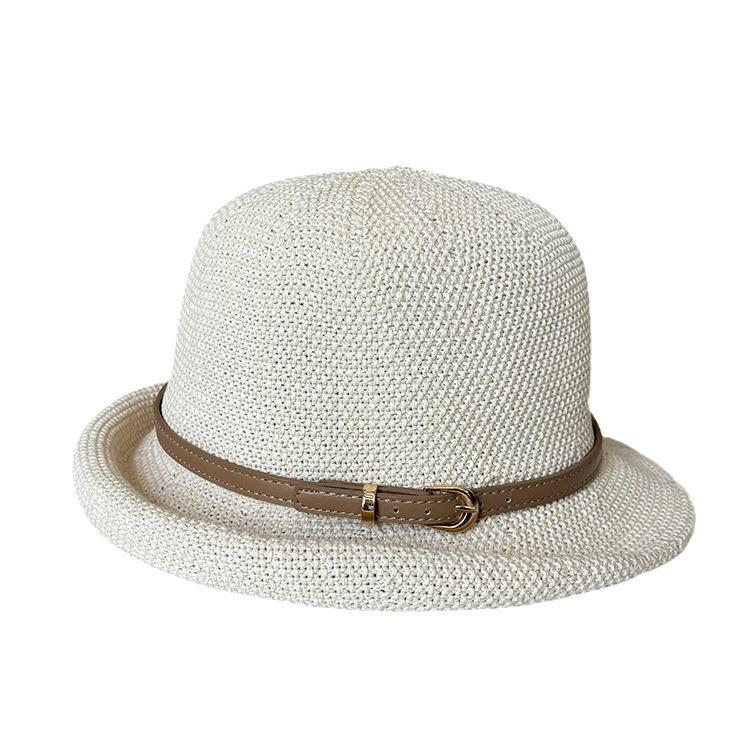 Spring and summer knitted breathable metal belt buckle bucket hat female vacation travel sunshade sunscreen hat curled small edge basin hat