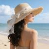 Damen Sommer Strohhut mit breiter Krempe, Spitzen-Schleife und fließenden Bändern: Sonnenhut für Ausflüge und den Strand