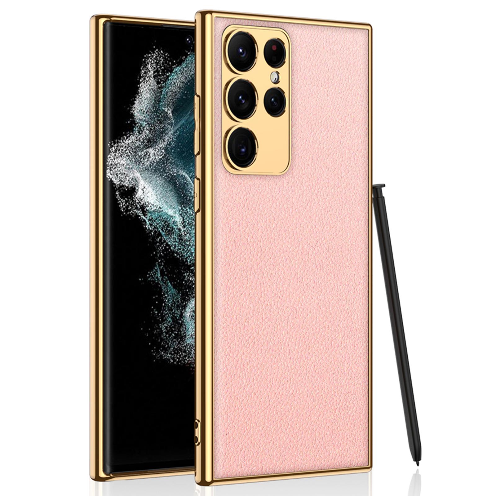 

GKK For Samsung Galaxy S23 Ultra Shockproof PU Leather Coated Hard PC Phone Case Electroplating Soft TPU Frame Mobile Phone Cover Pink
