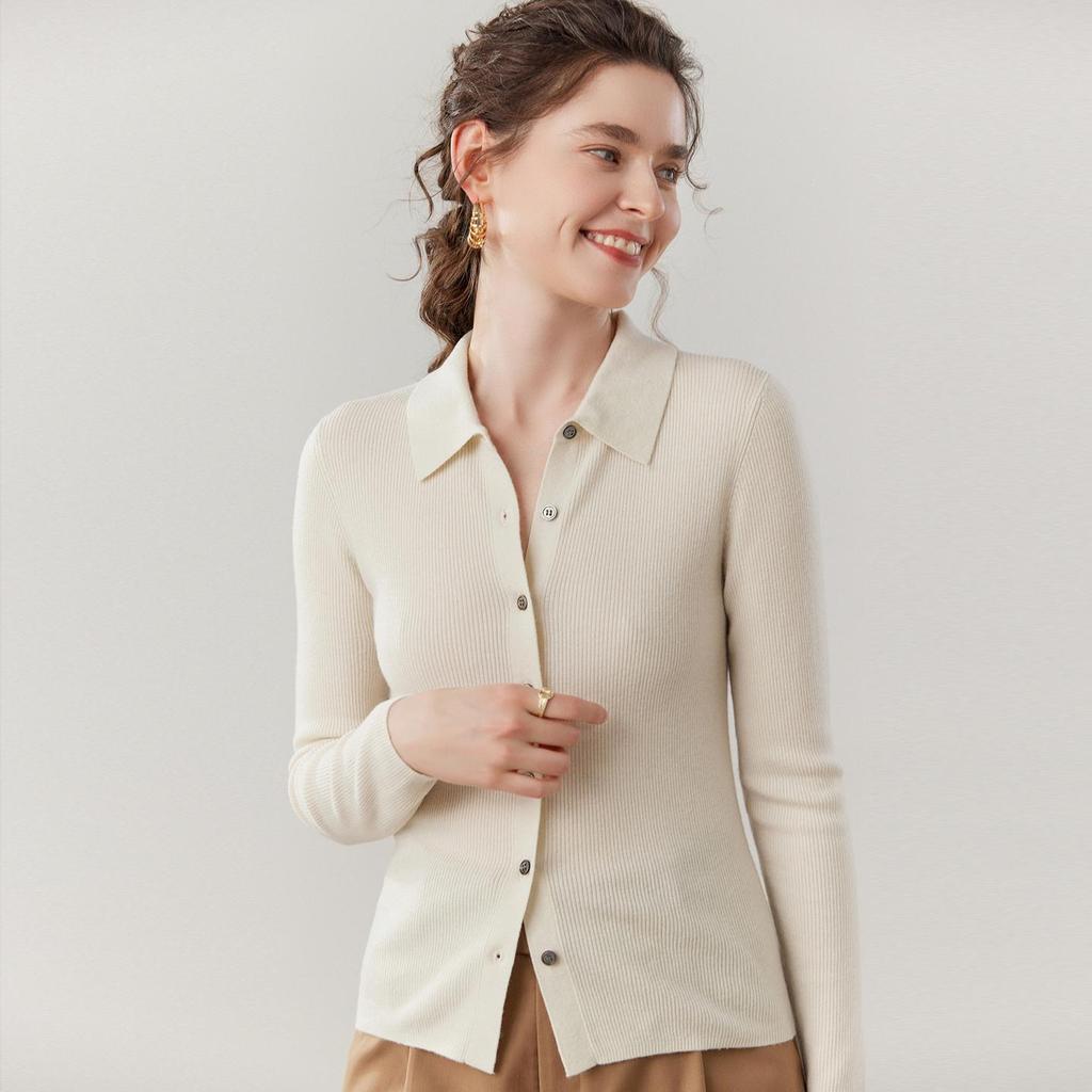 Slim Fit Polo Neck Cashmere Cardigan - Thin Wool Knit for Autumn/Winter