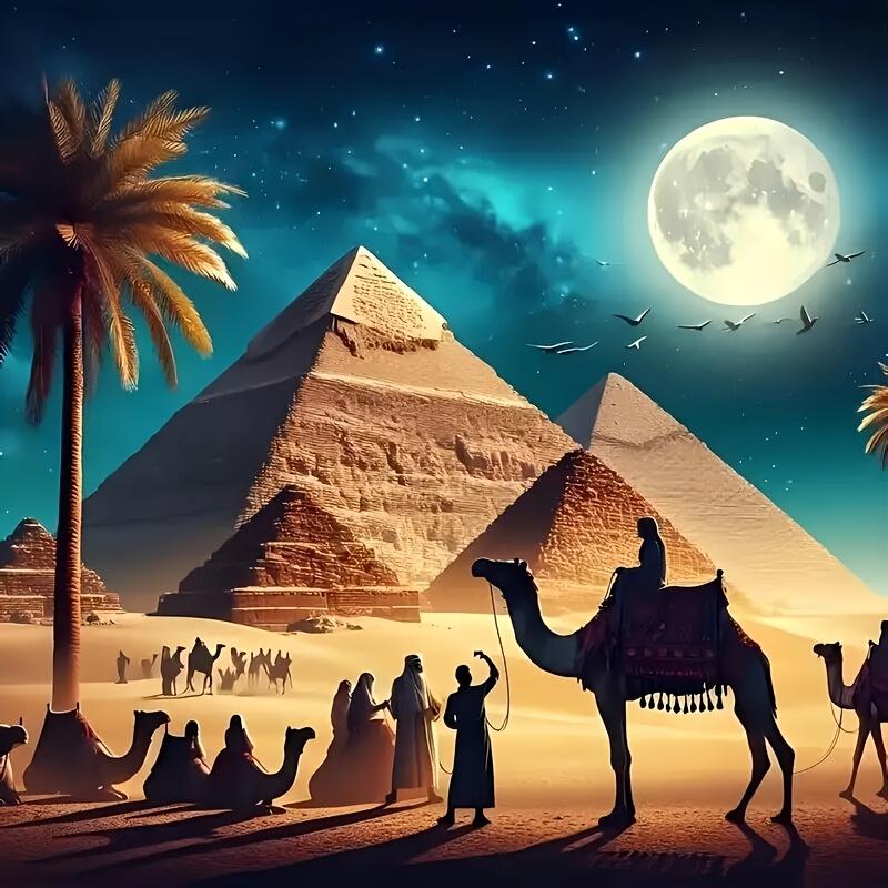 One - A Beautiful Picture of Egypt'S Desert and Pyramids Under the Moonlight - Diamond Painting Kit, 5D DIY Handmade Round Full Diamond Canvas Art Set