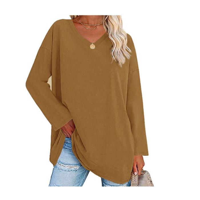 Super Large Multi-color Loose V-neck Women's T-shirt with Drop Shoulder Sleeves