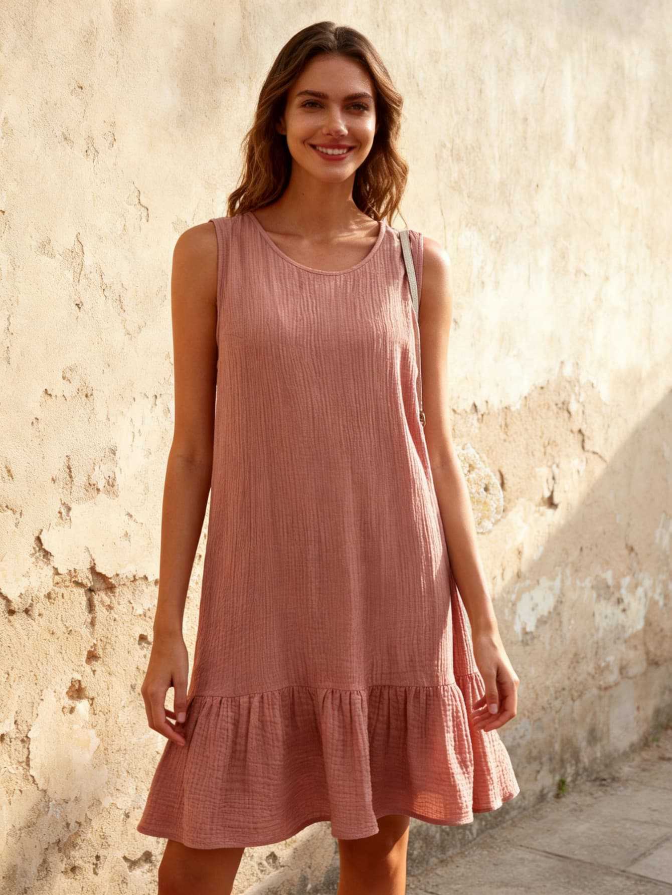 

Large size women s clothing summer new pink sleeveless dress loose and thin ruffle edge French niche design sense 0XL
