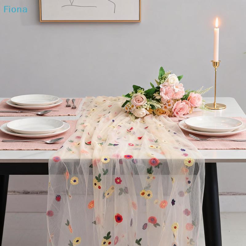Embroidery Daisy Table Runner Floral Embroidered Lace Tulle Runner Colorful Flower Table Cover For Bridal Shower Birthday Party