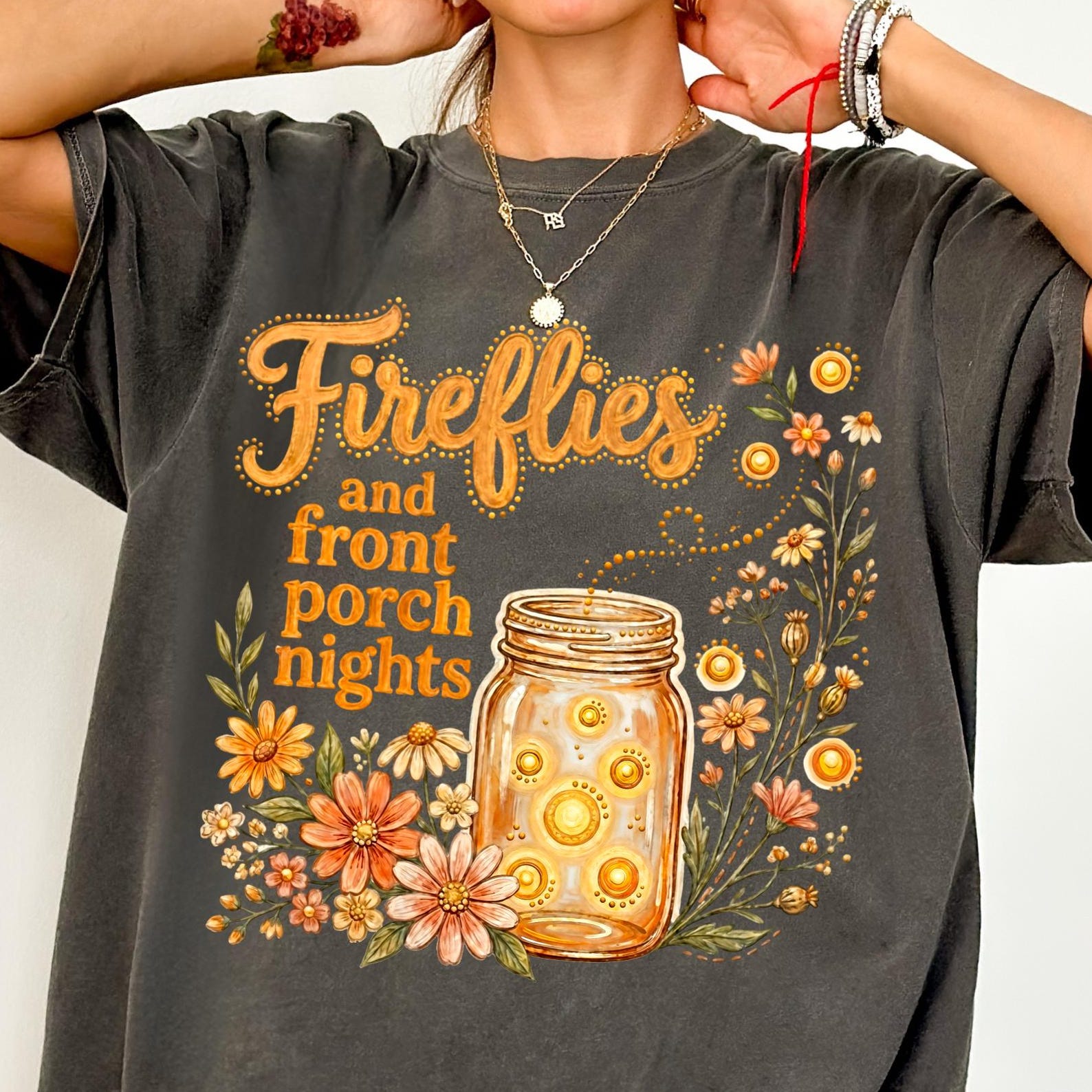 Fireflies and Front Porch Nights Comfort Colors® T-Shirt, Cozy Summer Night Graphic Tee, Cottagecore Country Shirt, Floral Firefly T-Shirt 4XL