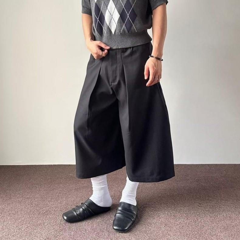 American Retro Pleated Wide-leg Cropped Trousers Men's Summer Thin Old Money Style Loose Straight Casual Shorts Tide