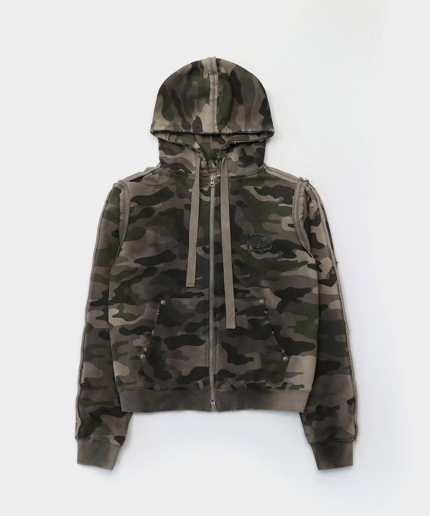 Badblood Raw Edge Zip-Up Hoodie Slim Fit - Light Camo