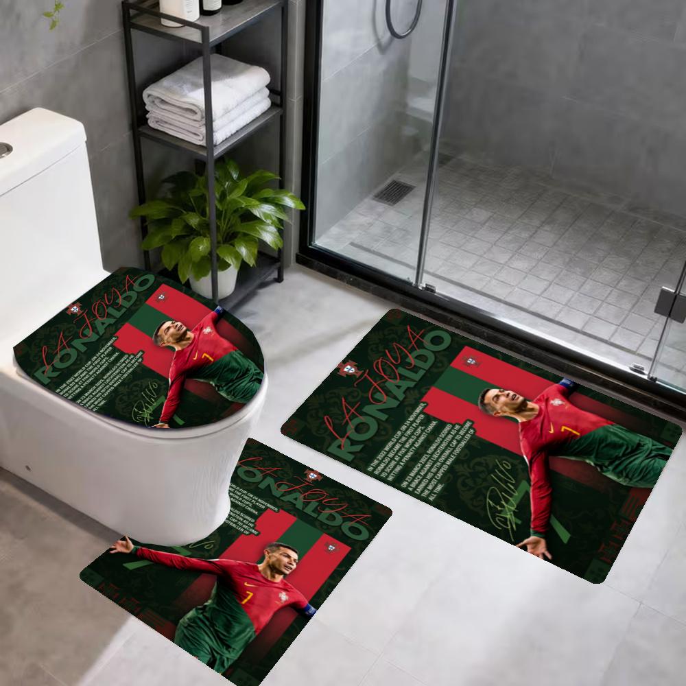 Cristiano Ronaldo Bathroom 3Piece Flannel Mat Set Bath Mat Set Toilet Coverushaped Foot Pad Gift Bathroom Decor