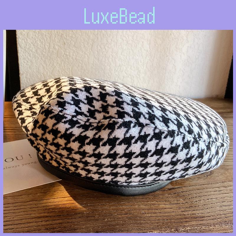 Elegant Flat Top Houndstooth Beret Women's Retro Summer Hat In Black