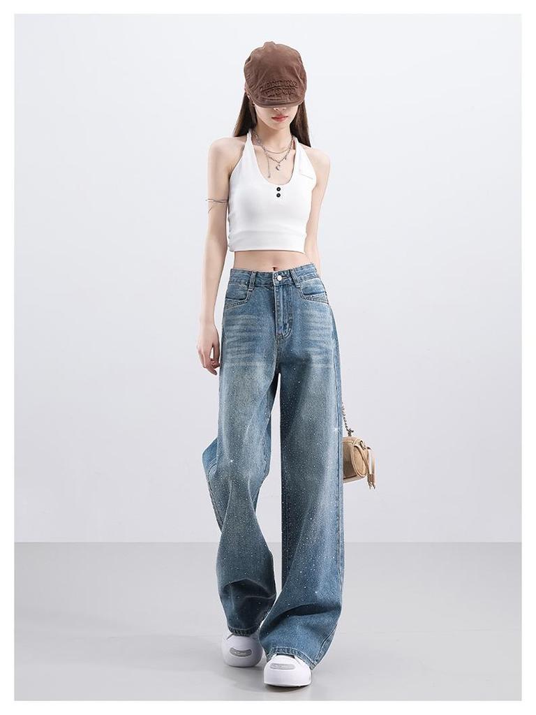 Full Sky Diamond Rhinestone Wide Leg Sparkle High Waist Slimming Jeans