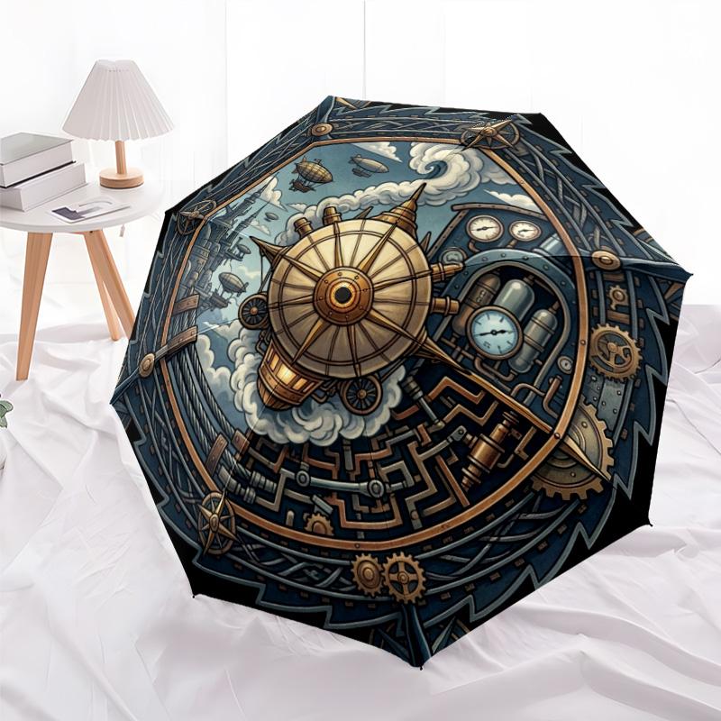 Steampunk Adventure Map Pattern Umbrella, Portable and Foldable Design, 8 Ribs, a Casual Accessory for Halloween, Christmas, and Birthday Gifts.