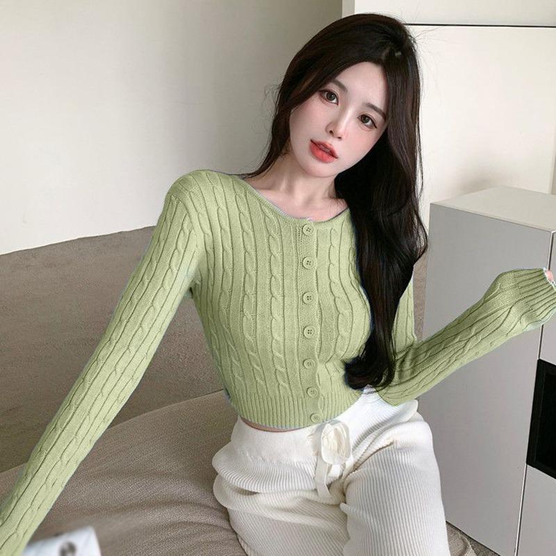 

Вязаный кардиган, женское пальто, свитер с длинным рукавом и круглым вырезом, винтажные тонкие короткие топы One Size