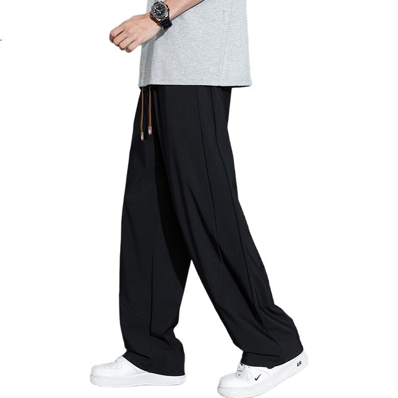 POUM Ice Silk Straight-Leg Pants for Men, Spring And Summer Loose-Fit Sports Breathable Cool Quick-Dry Draping Trousers 2529 Black M