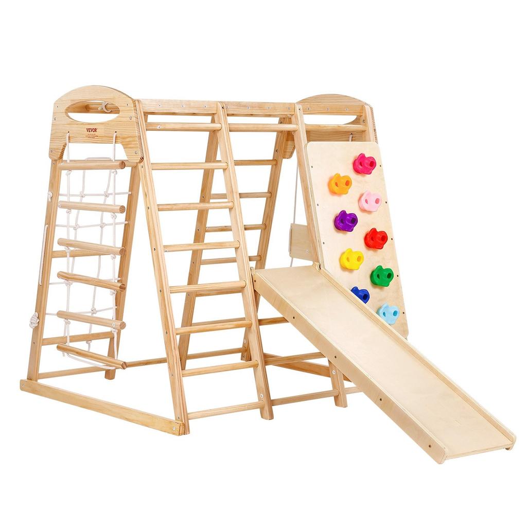 Indoor Jungle Gym, 7-in-1 Toddler Indoor Playground, 120 x 147 x 142 cm, with Wood and Rope Ladder, Net Ladder, Swing, Monkey Bar, Slide, Climbing