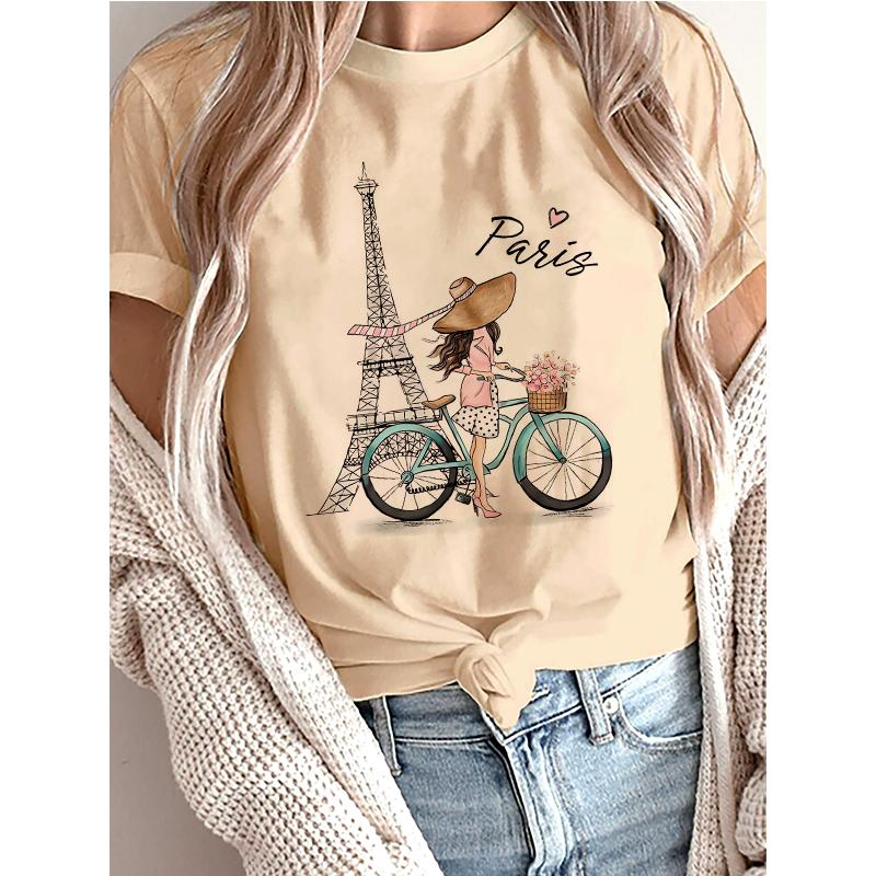 Casual Short Sleeve Printed T Shirt Clothing Women's T-Shirt Graphic Clothing Top Tee Fashion Bonjour Paris Text Print T Shirt