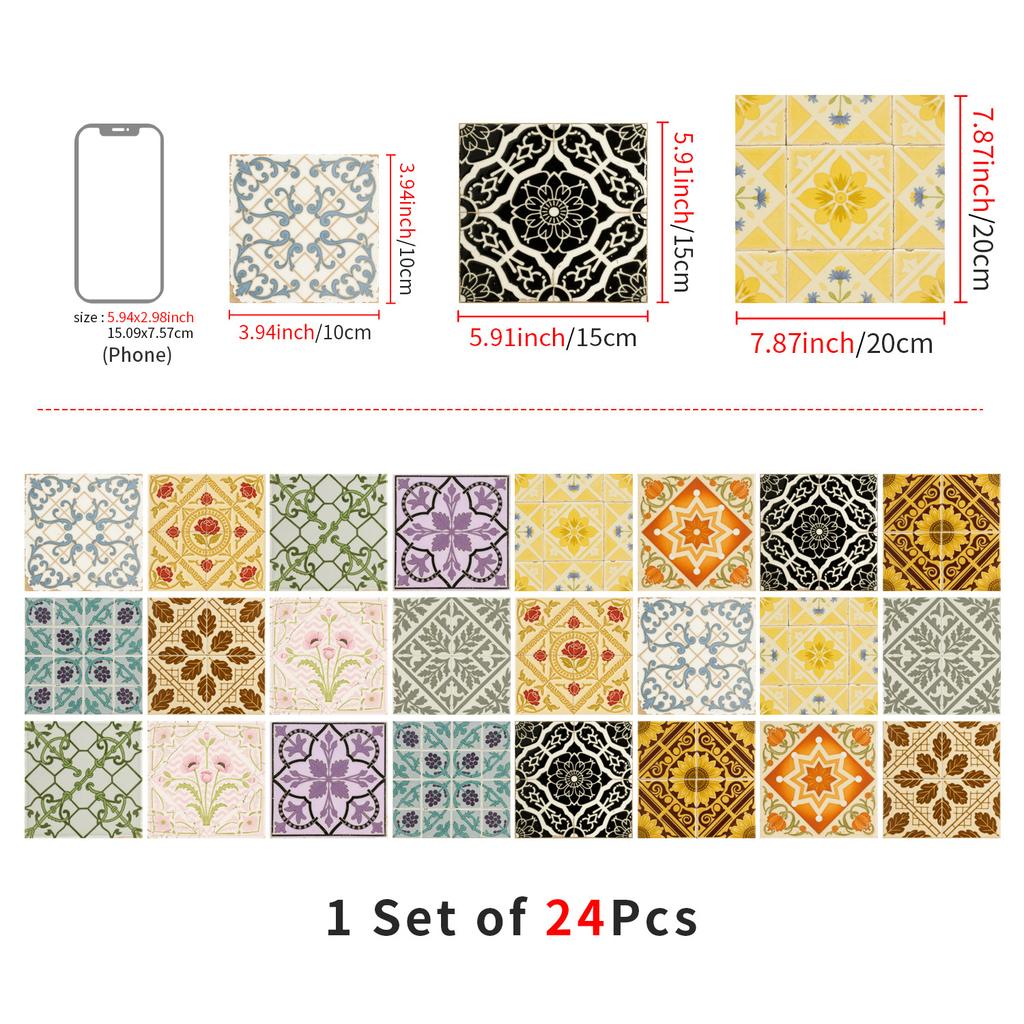 24 szt. Naklejki na płytki w stylu europejskim Kuchnia Samoprzylepne Odporne na olej Naklejki ścienne Wodoodporny Winyl Zdejmowalne Naklejki ścienne