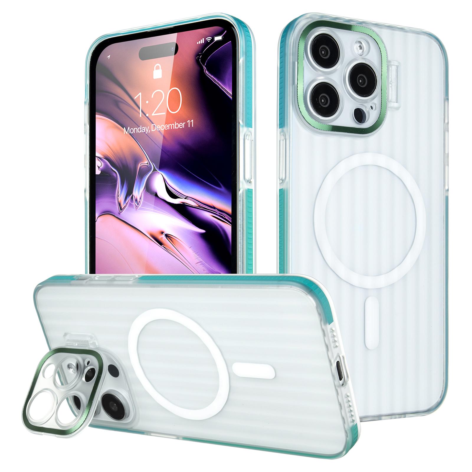 

For iPhone 14 Pro Case with Kickstand PC+TPU Phone Cover Strip Pattern Back Compatible with MagSafe Blue