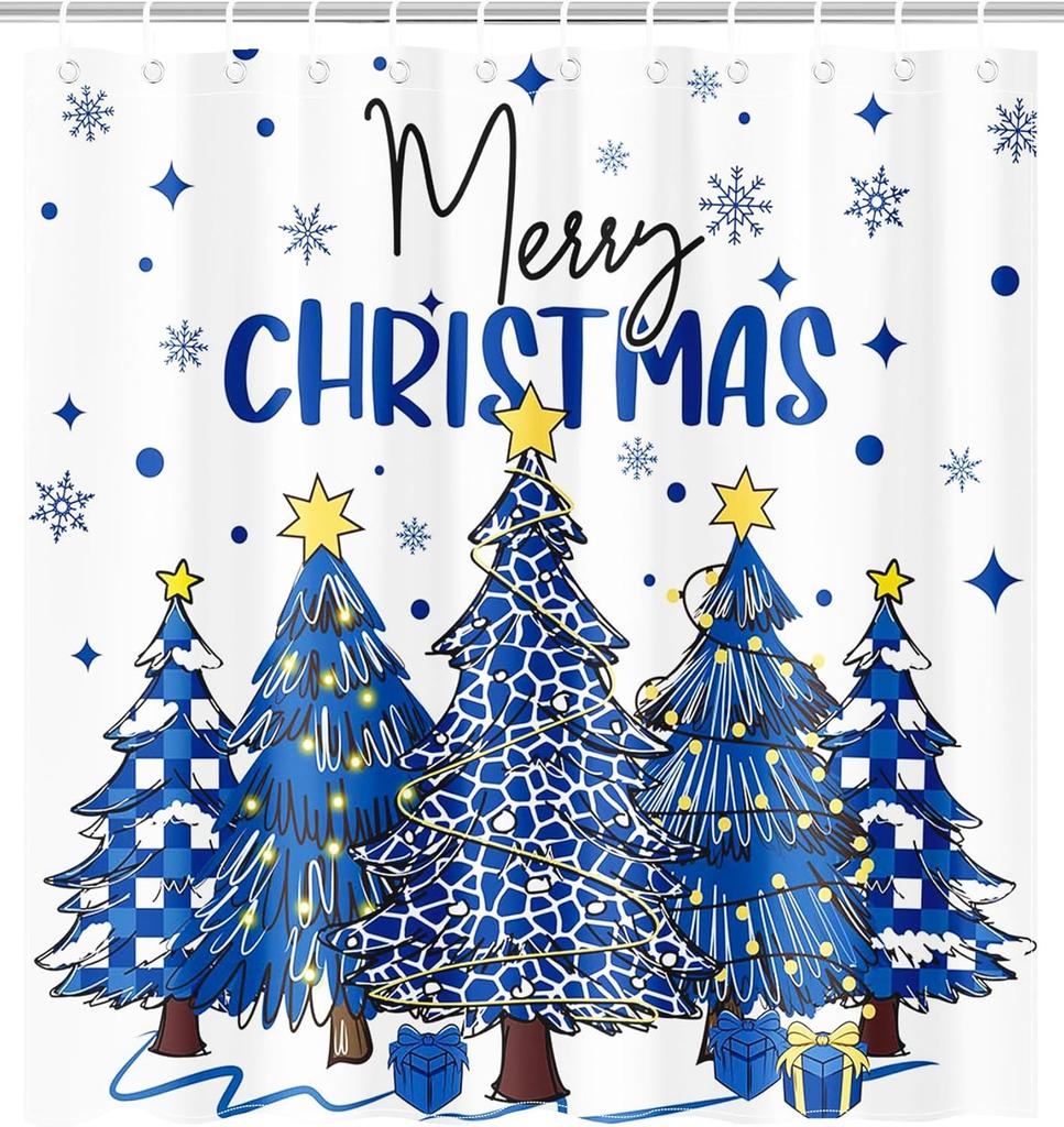 Merry Christmas Shower Curtain Xmas Tree Winter Snowflake Star Pine New Year Bath Curtains Fabric Bathroom Decor with Hooks
