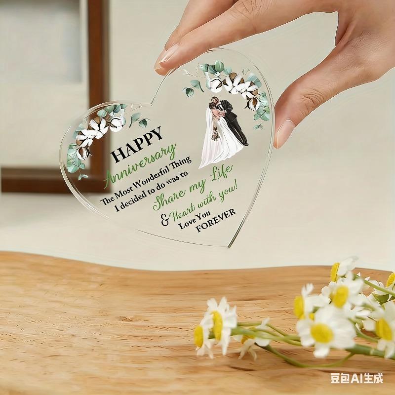 2D Flat, "Happy Anniversary" Heart-Shaped Anniversary Acrylic Desktop Decoration, Romantic Floral Design, Home Decor Plaque Hanging Wall Art Decorativ