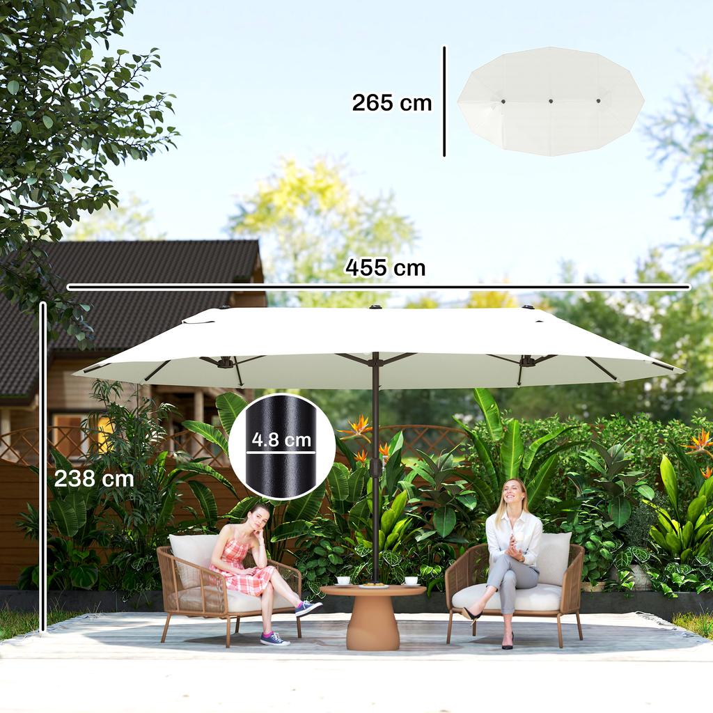 Double Garden Umbrella, 4.6 x 2.7 m, 12 Ribs, with Vents and Crank Handle. Beige