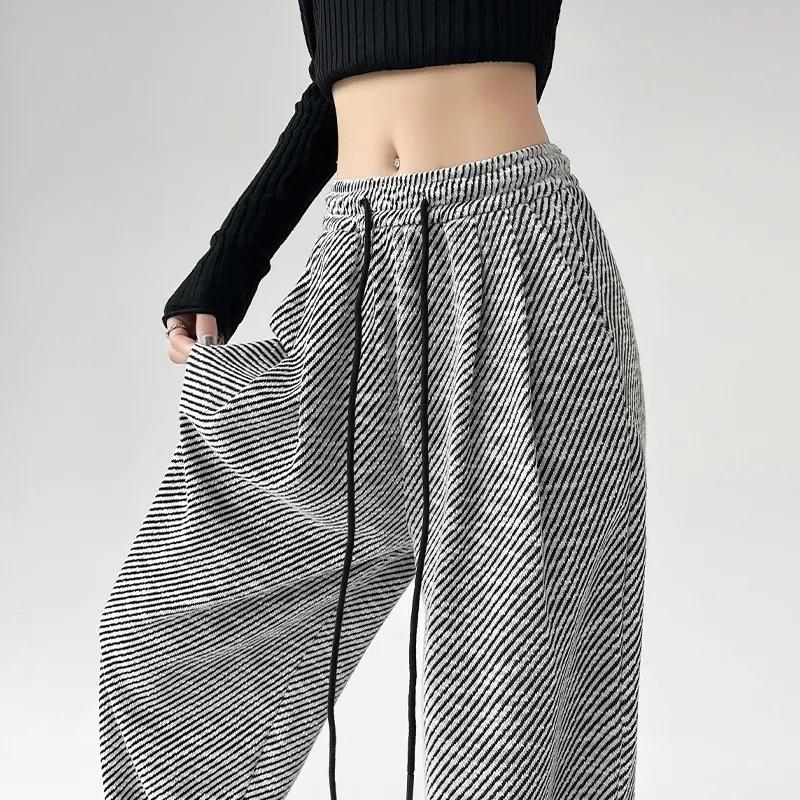 

Полосатые брюки широкие брюки драпированные брюки для женской весны и осени новые с высокой талией стройнящие брюки до пола свободные прямые повседневные брюки 2XL