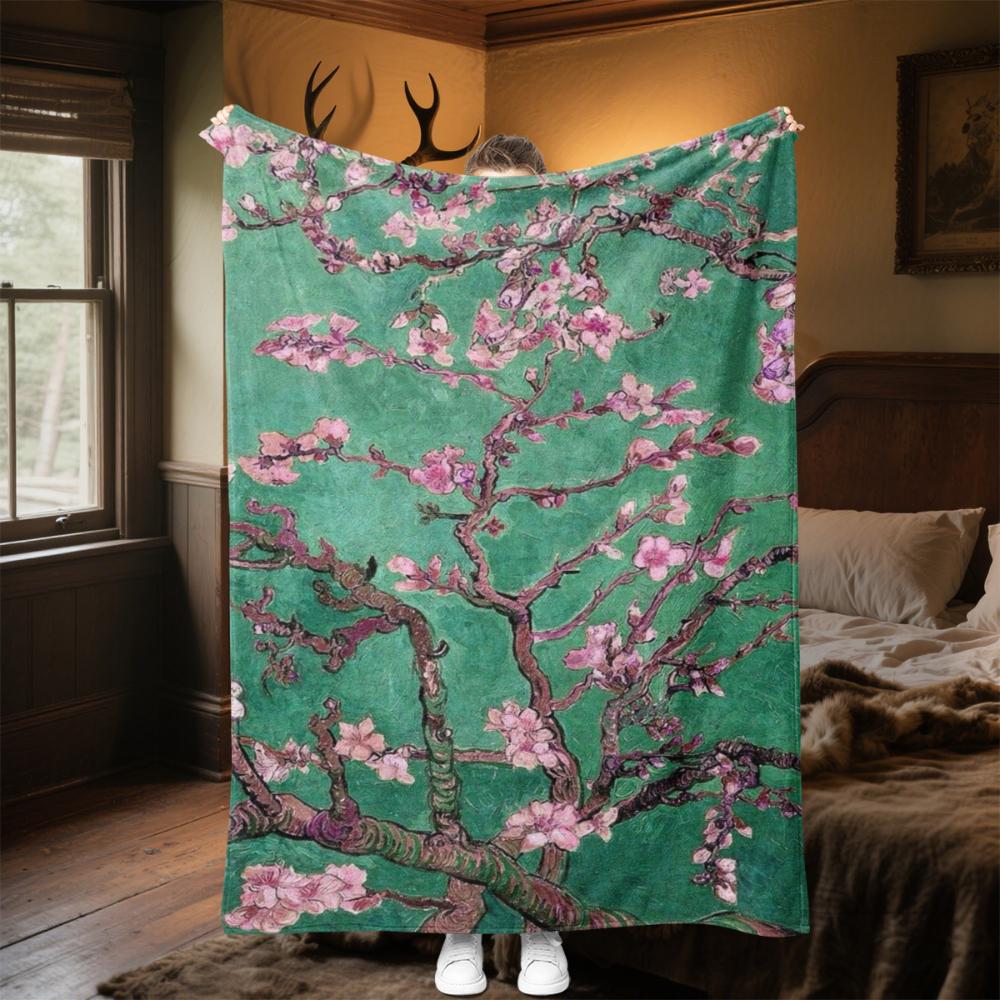 Green Almond Blossom Van Gogh Art Print Throw Blanket warm living room Blanket reading nook window lounge indoor rest Birthday
