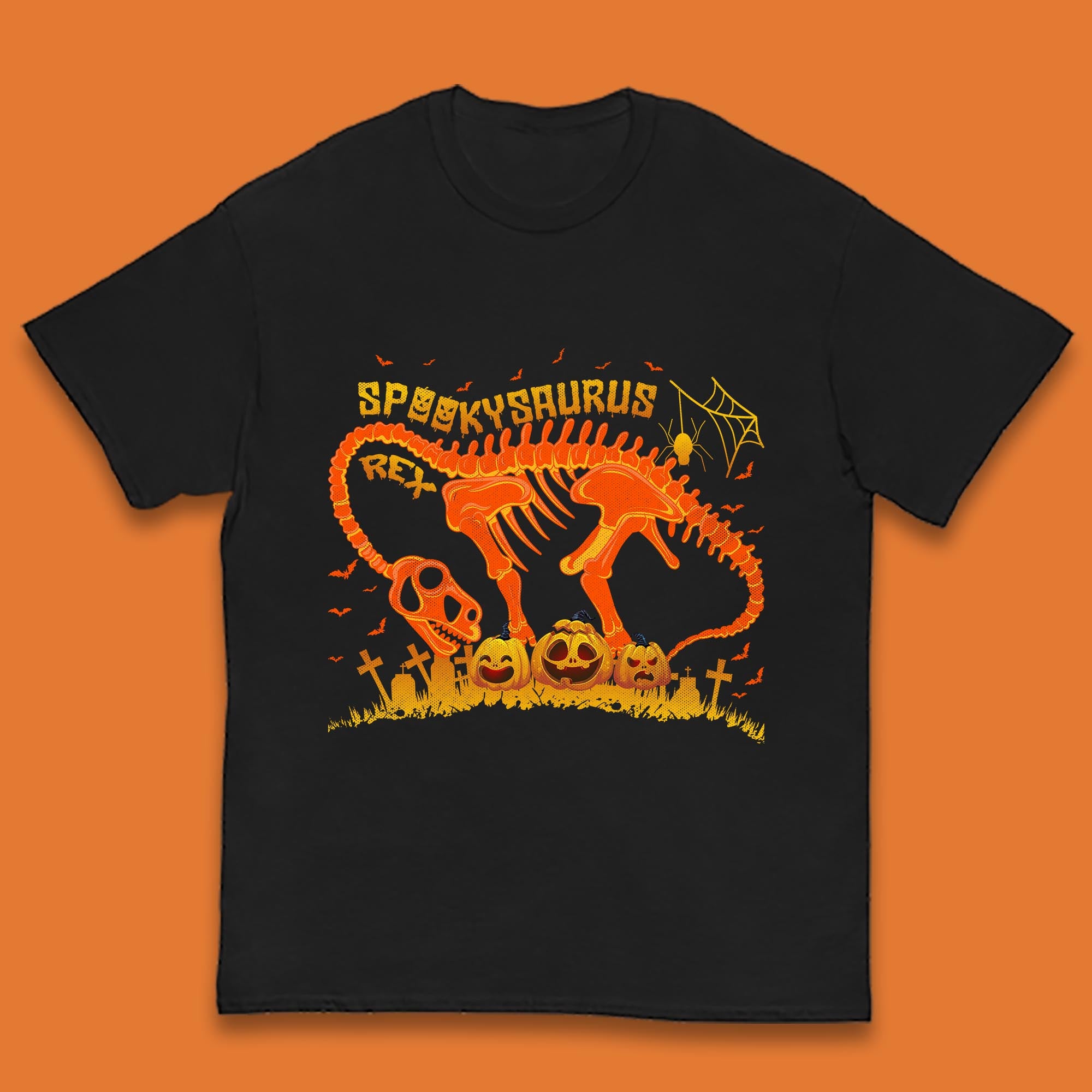 Spooky Saurus Rex Halloween Dinosaur T-Rex Skeleton With Scary Pumpkins Kids T Shirt 150