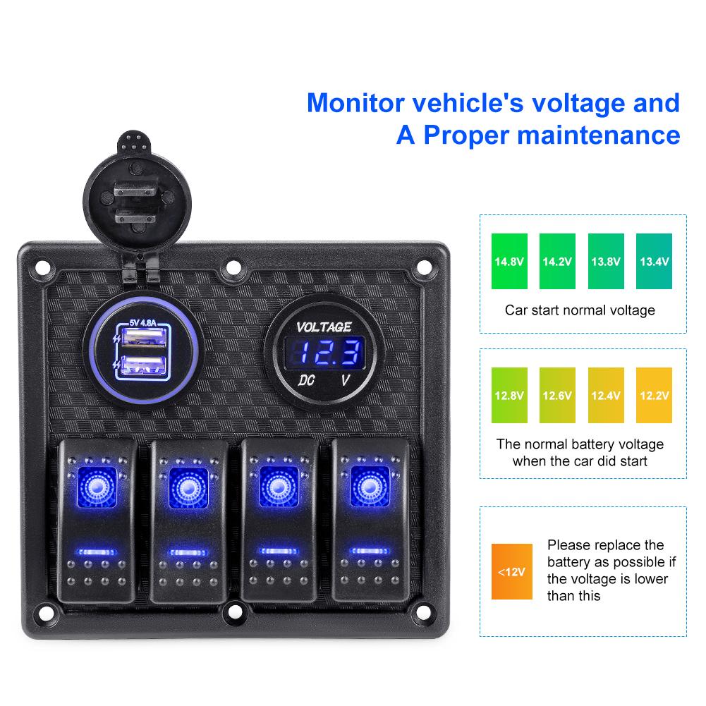 4 Gang Rocker Switch Panel LED With Digital Voltmeter Waterproof Switch For Car Marine Yacht Caravan Truck Marine Boat