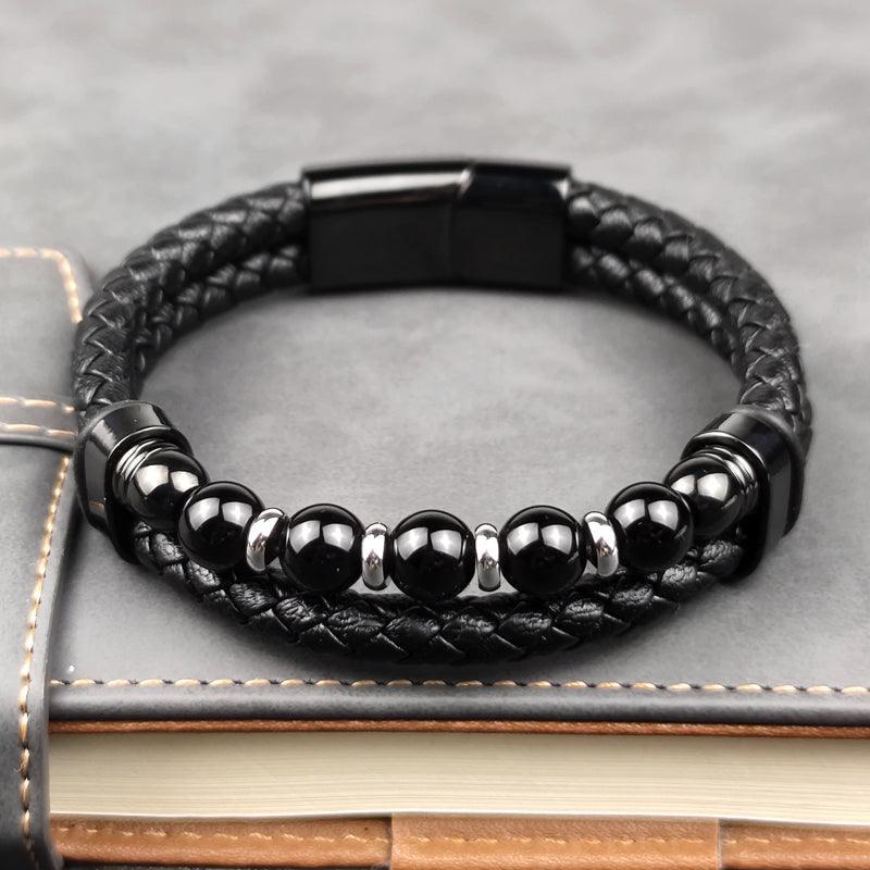 Men's Double Layer Leather Bracelet with Tiger Eye Stones