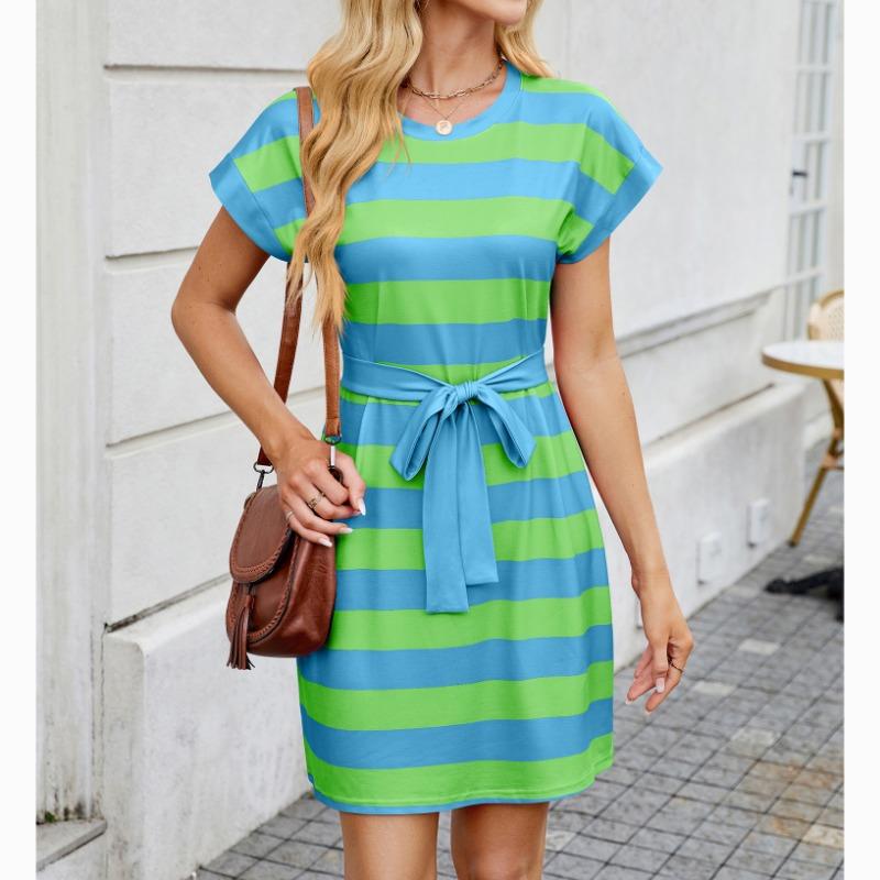 Women's Spring/summer Round Neck Short Sleeve Striped Dress Casual Belt Pocket Dress