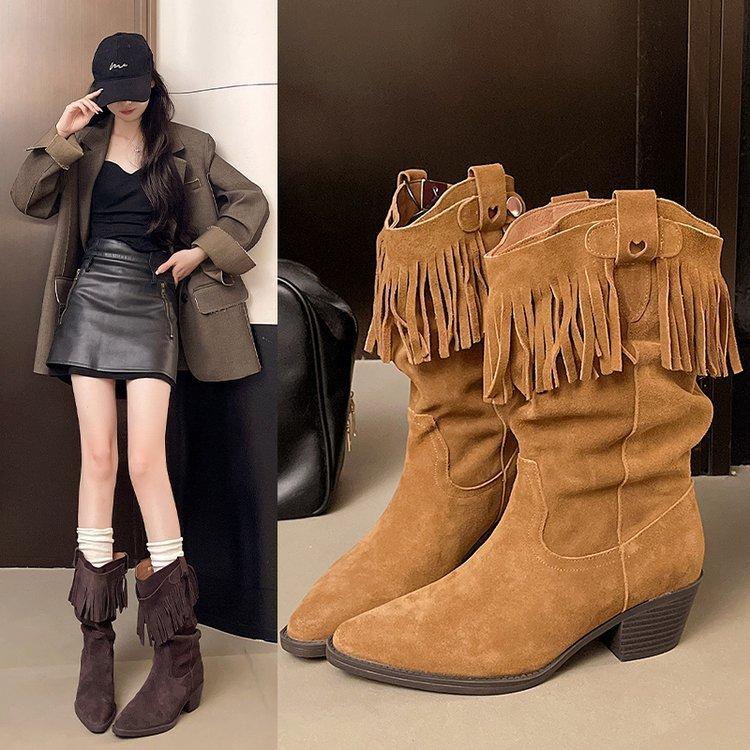 Maillard retro fringed thick heel medium tube Martin boots women's 2025 new autumn and winter pointed western cowboy boots short boots