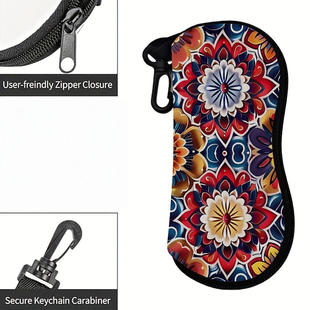 2D-Boho Floral Pattern Zipper Sunglasses Case, Vintage Mandala Print Eyeglasses Storage Box, Portable Protective Eyewear Container for Travel Women