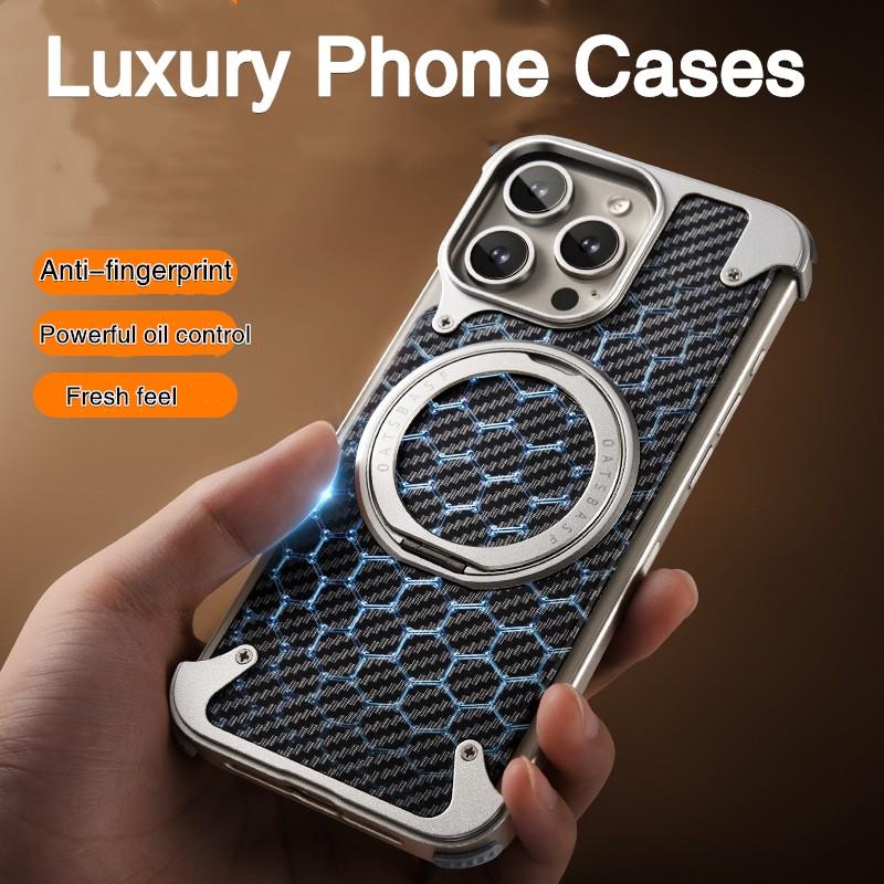 Luxury Business Men for iPhone 16 Pro Max Electroplated Metal Frame Carbon Fiber Textured Phone case with Magnetic Ring Stand