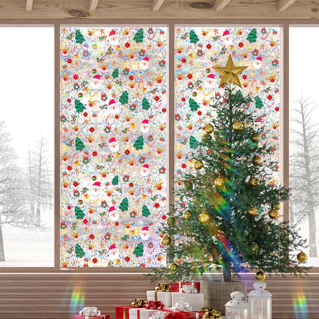 Xc17500 Creative Cute Santa Claus Christmas Tree Colorful Static Glass Sticker Window Sticker Double-Sided Visual