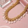 Bestselling Gold Band Chain Pearl Pendant Stainless Steel Necklace & Bracelet Set - Vintage Fashion Collarbone Jewelry