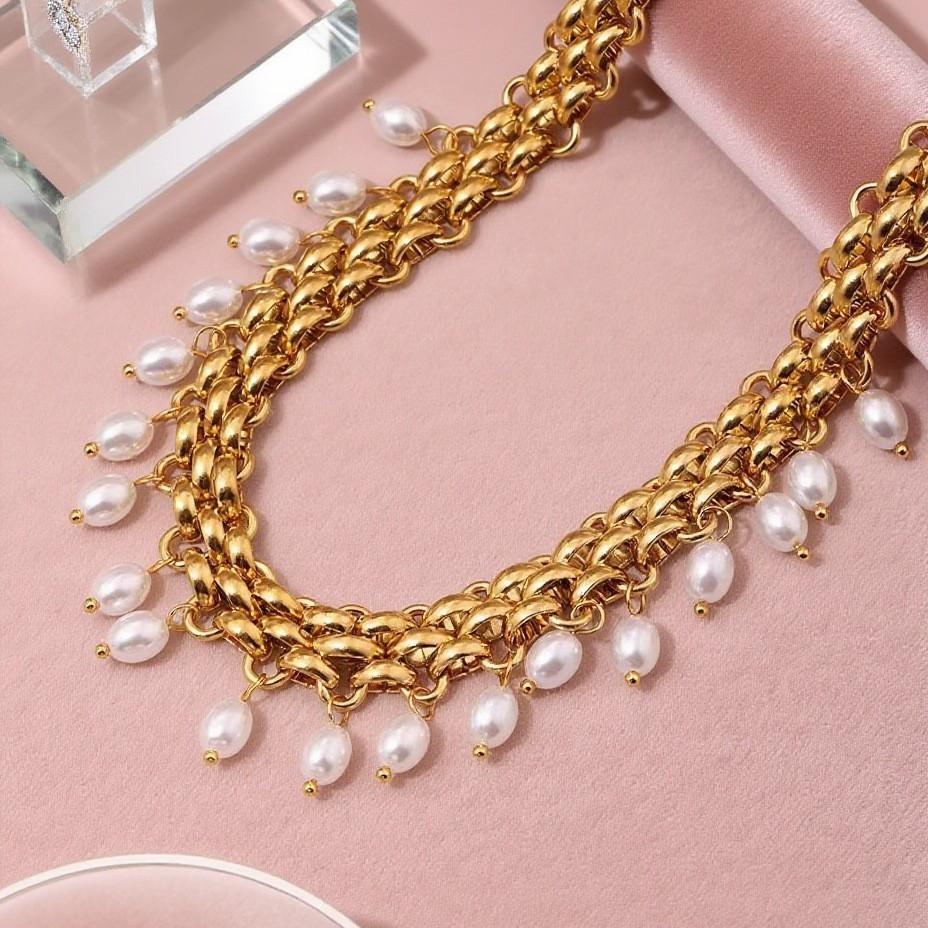 Bestselling Gold Band Chain Pearl Pendant Stainless Steel Necklace & Bracelet Set - Vintage Fashion Collarbone Jewelry
