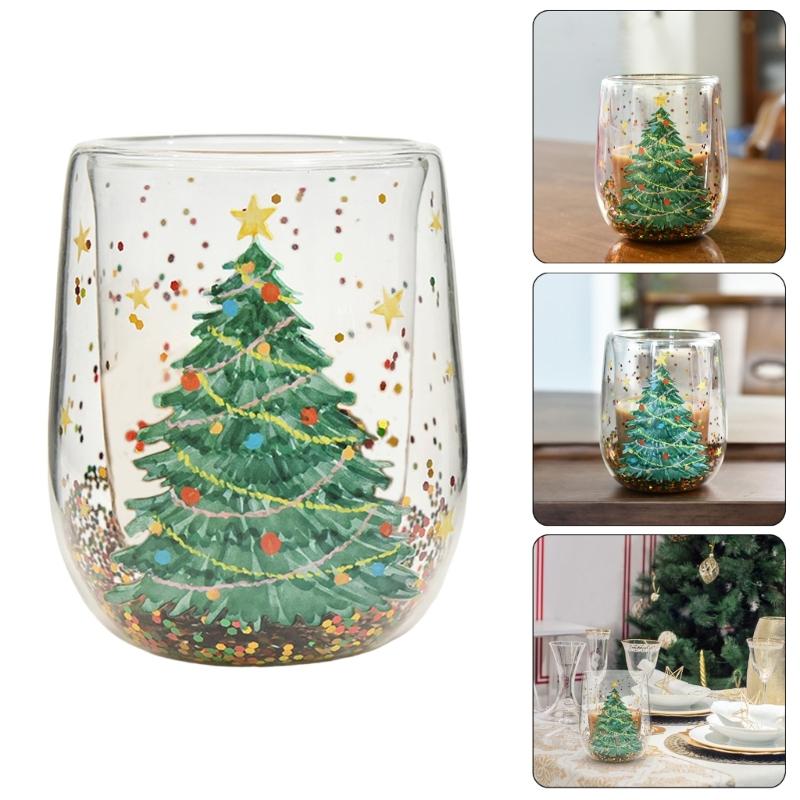 Drinking Cup with Christmas Tree Sparkles Double Walled Sparkling Christmas Tree Glass Mug for Warm Beverages