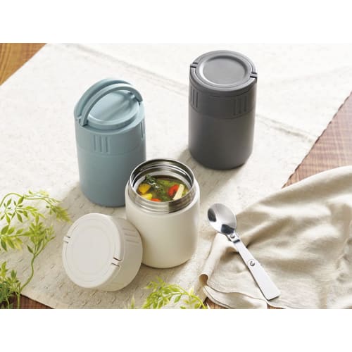 Kakusee MM-35B Soup Jar, 350ml, Blue, with Handle, Stainless Steel Spoon, Double-Layer Vacuum Wall, Keeps Hot or Cold, Approx. 9cm Diameter X 13.5cm H