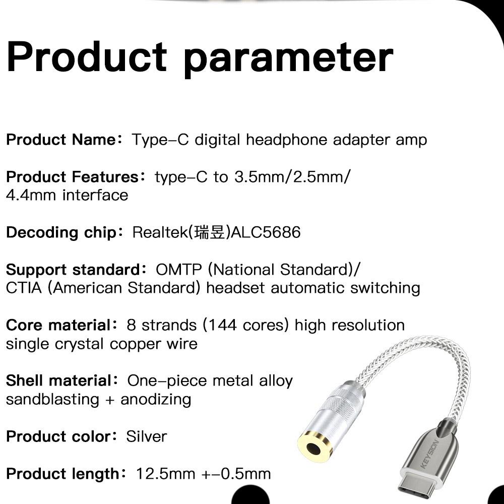 KEYSION DAC Earphone Lossless Music Decoder USB Type C to 3.5mm/2.5mm/4.4mm HD Hi-Fi Digital Audio Headphone Amplifier Adapter