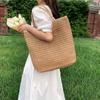 Women Straw Tote Handbag Large Capacity Crochet Beach Handbag Solid Color Weaving Travel Handbag Ladies Summer Daily Bag